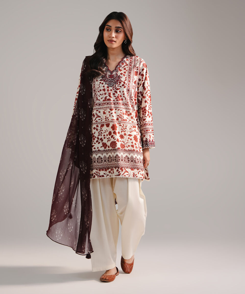 Women's RTW Cambric Embroidered Off White 3 Piece Suit