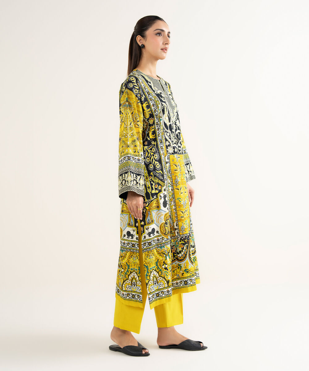 Women's RTW Linen Viscose Embroidered Yellow A-Line Shirt