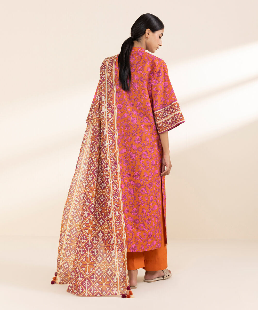 Women's Unstitched Lawn Printed Orange 3 Piece Suit