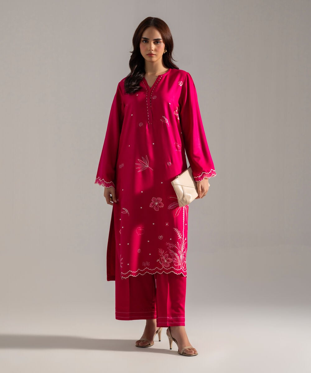 Women's RTW Solid Embroidered Pink Bedford Shirt