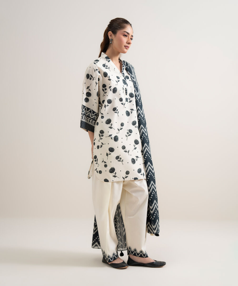 Women's Unstitched Lawn Printed Black and Off White 2 Piece Suit
