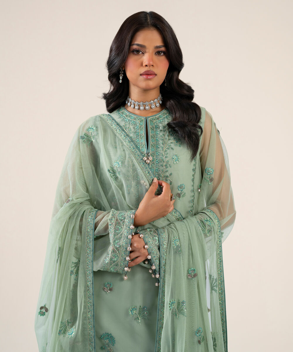 Women's Unstitched Net Embroidered Mint Green 3 Piece Suit