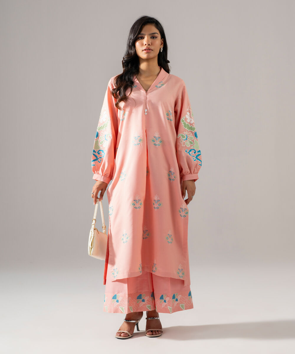 Women's RTW Fancy Cotton Embroidered Pink 2 Piece Suit