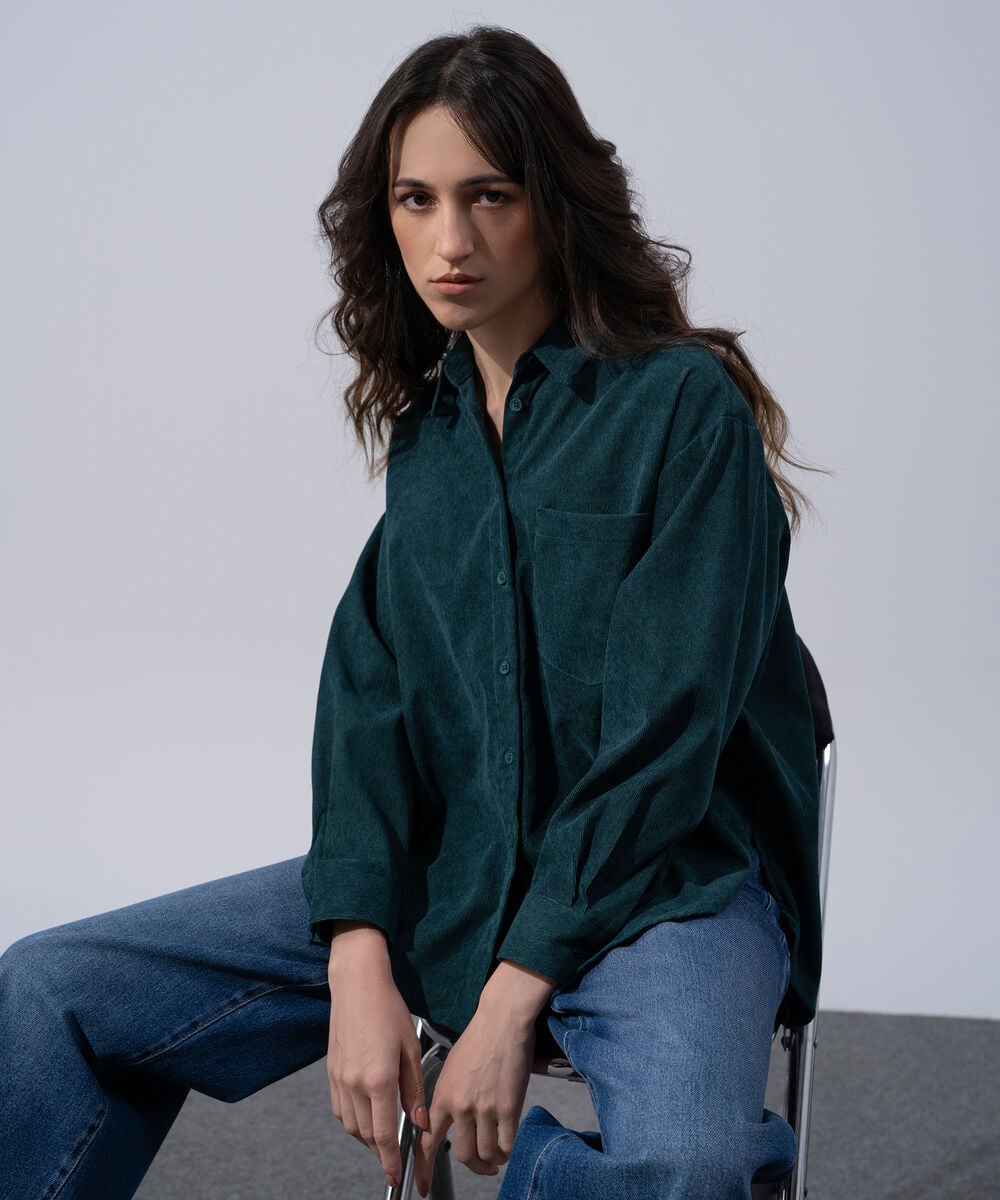 Women's Western Wear Teal Polyester Button Through Corduroy Shirt