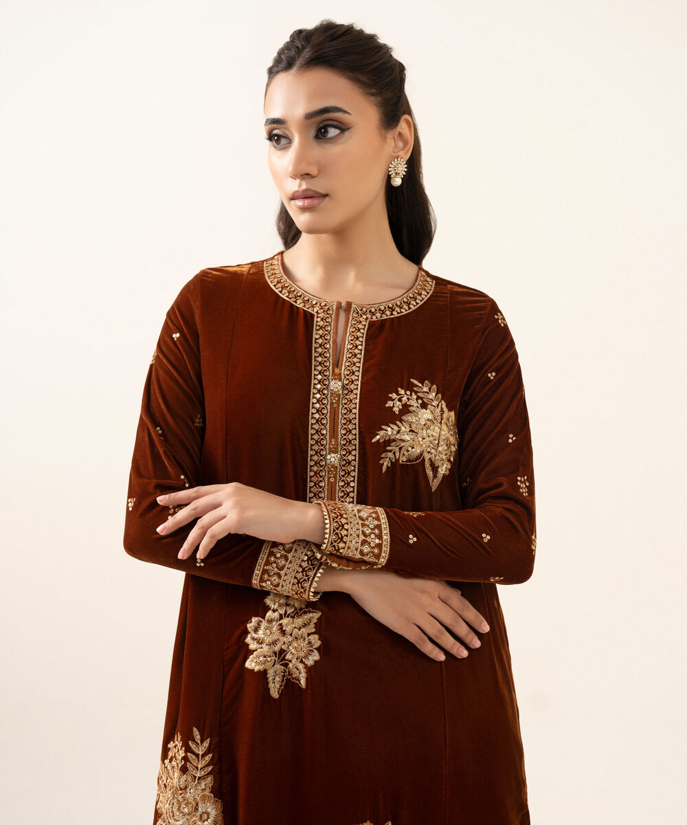 Women's RTW Velvet Embroidered Brown A-Line 2 Piece Suit