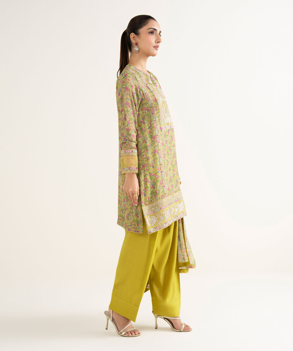 Women's RTW Bemberg Georgette Chiffon Embroidered Yellow 3 Piece Suit