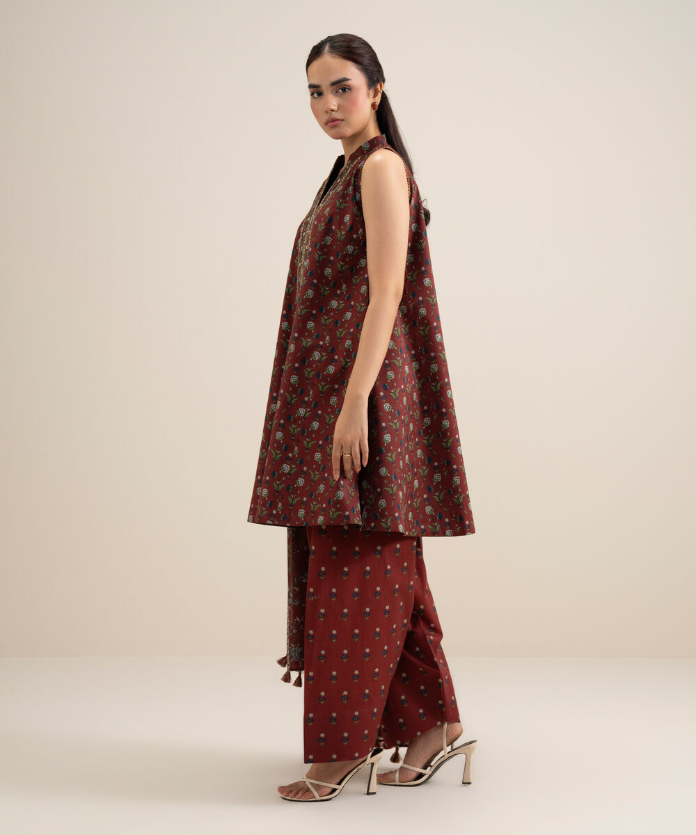 Women's Unstitched Lawn Printed Red 3 Piece Suit