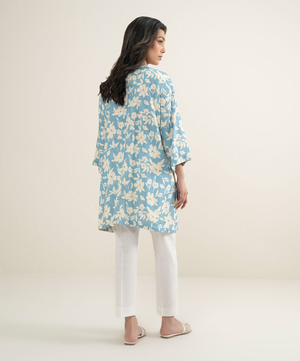 Women's RTW Arabic Cambric Printed Blue Drop Shoulder Shirt