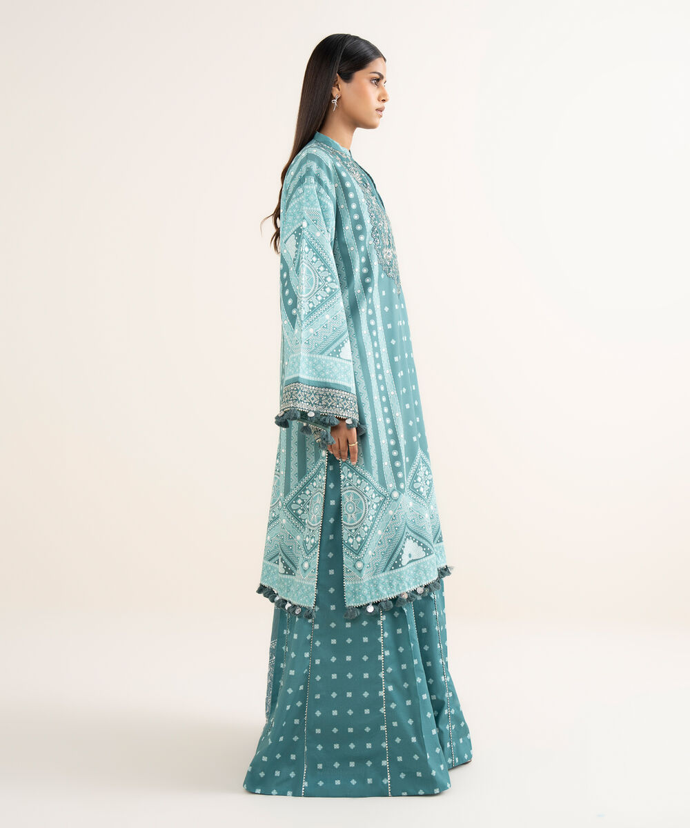 Women's Unstitched Fine Cotton Satin Embroidered Blue 3 Piece Suit