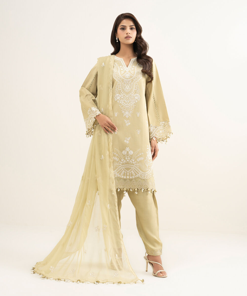 Women's Unstitched Cotton Net Embroidered Green 3 Piece Suit