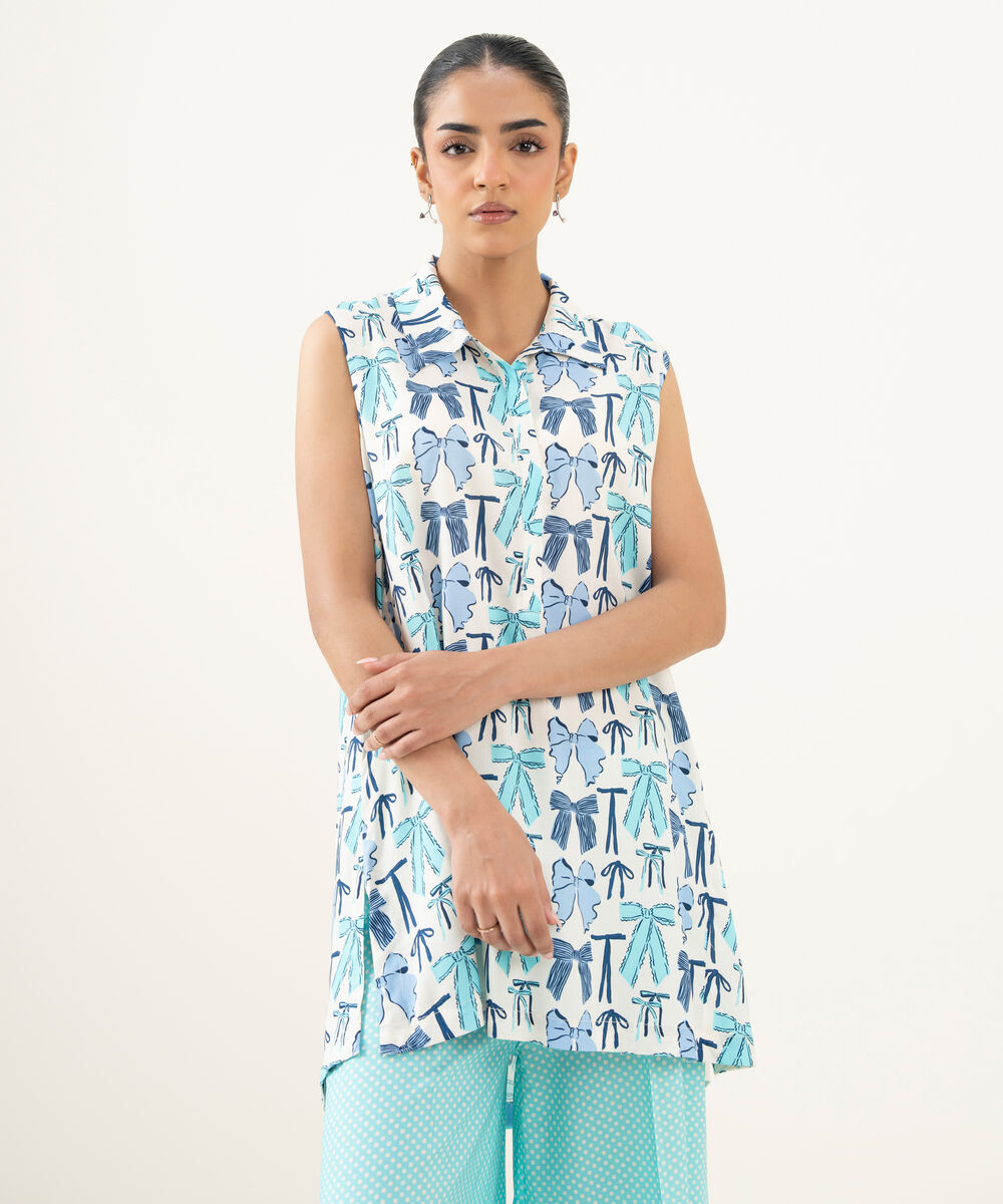 Women's RTW Linen Viscose Printed White Straight Shirt