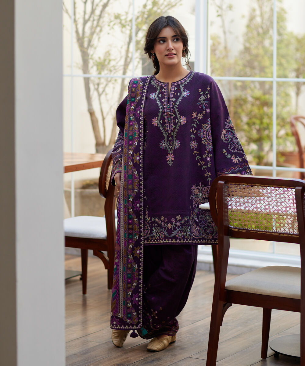 Women's Unstitched Light Khaddar Embroidered Plum 3 Piece Suit