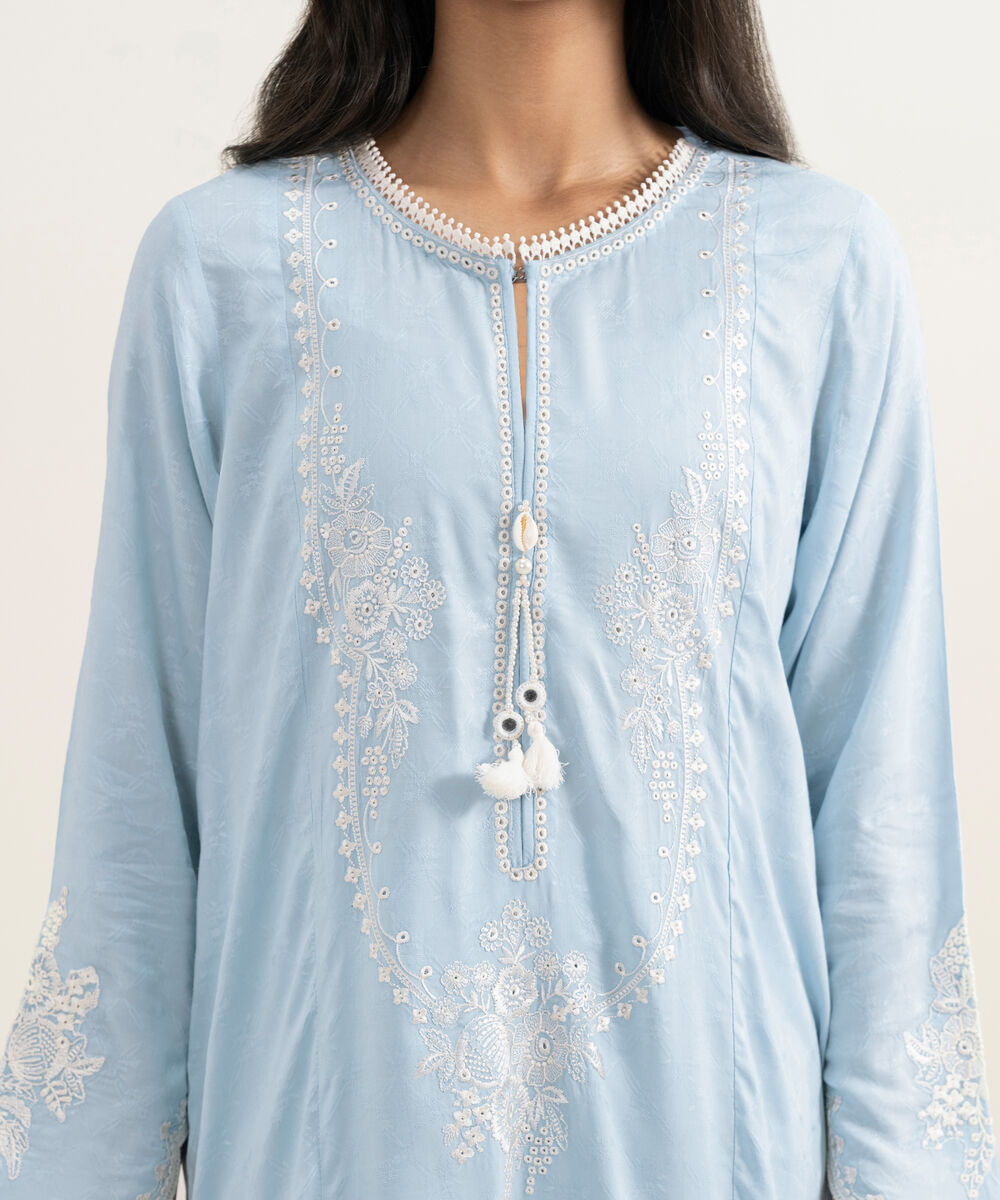 Women's RTW Arabic Self Jacquard Embroidered Blue A-Line Shirt