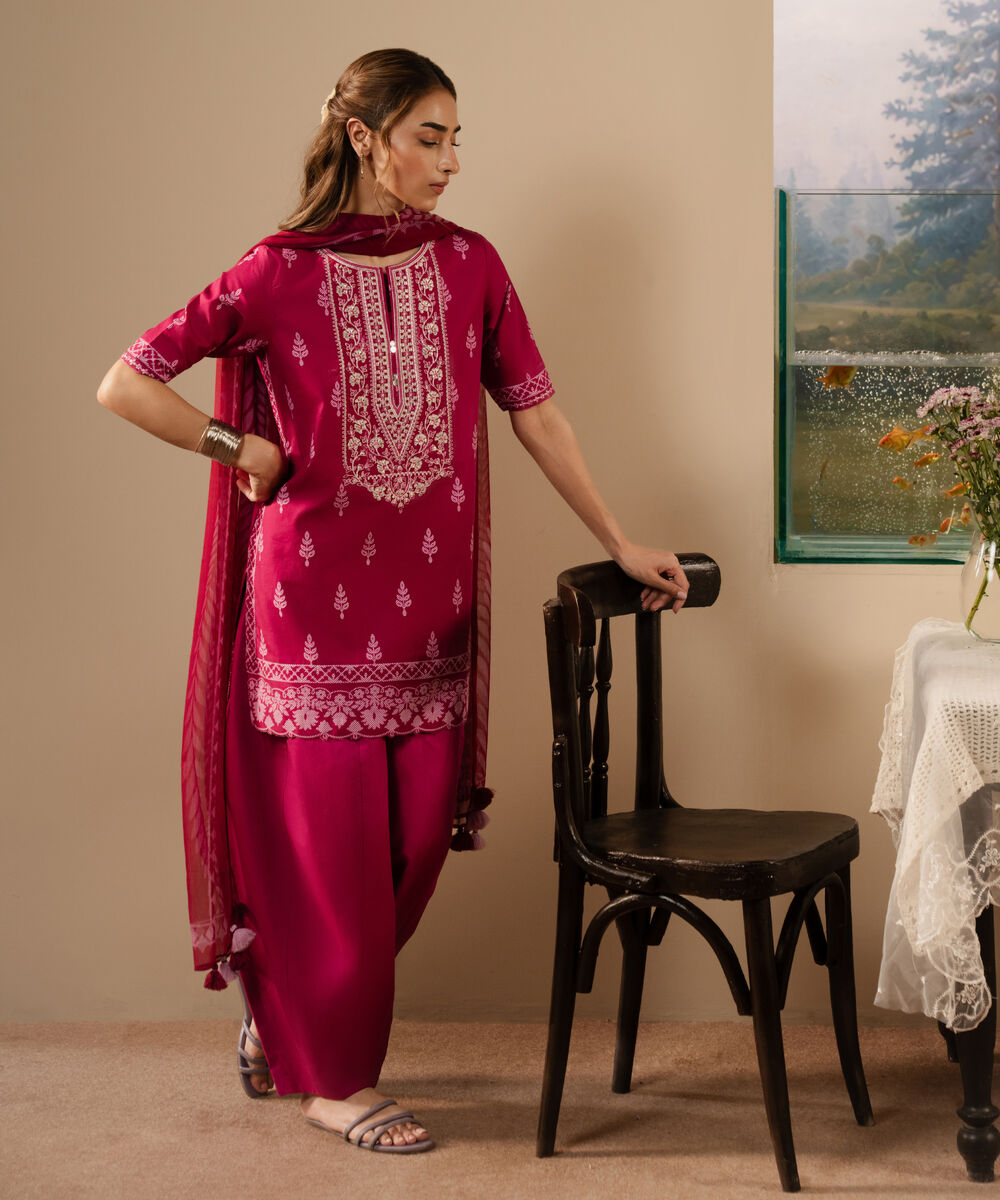 Women's Unstitched Cotton Embroidered Pink