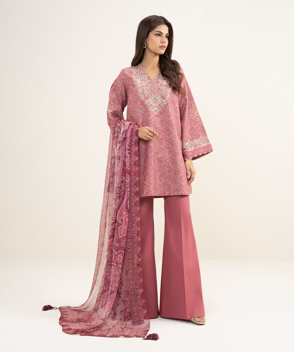 Women's Unstitched Zari Lawn Embroidered Red 3 Piece Suit