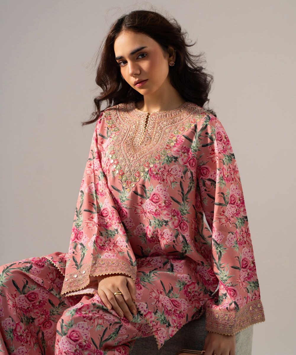 Women's RTW PK Raw Silk Printed Embroidered Pink 2 Piece Suit