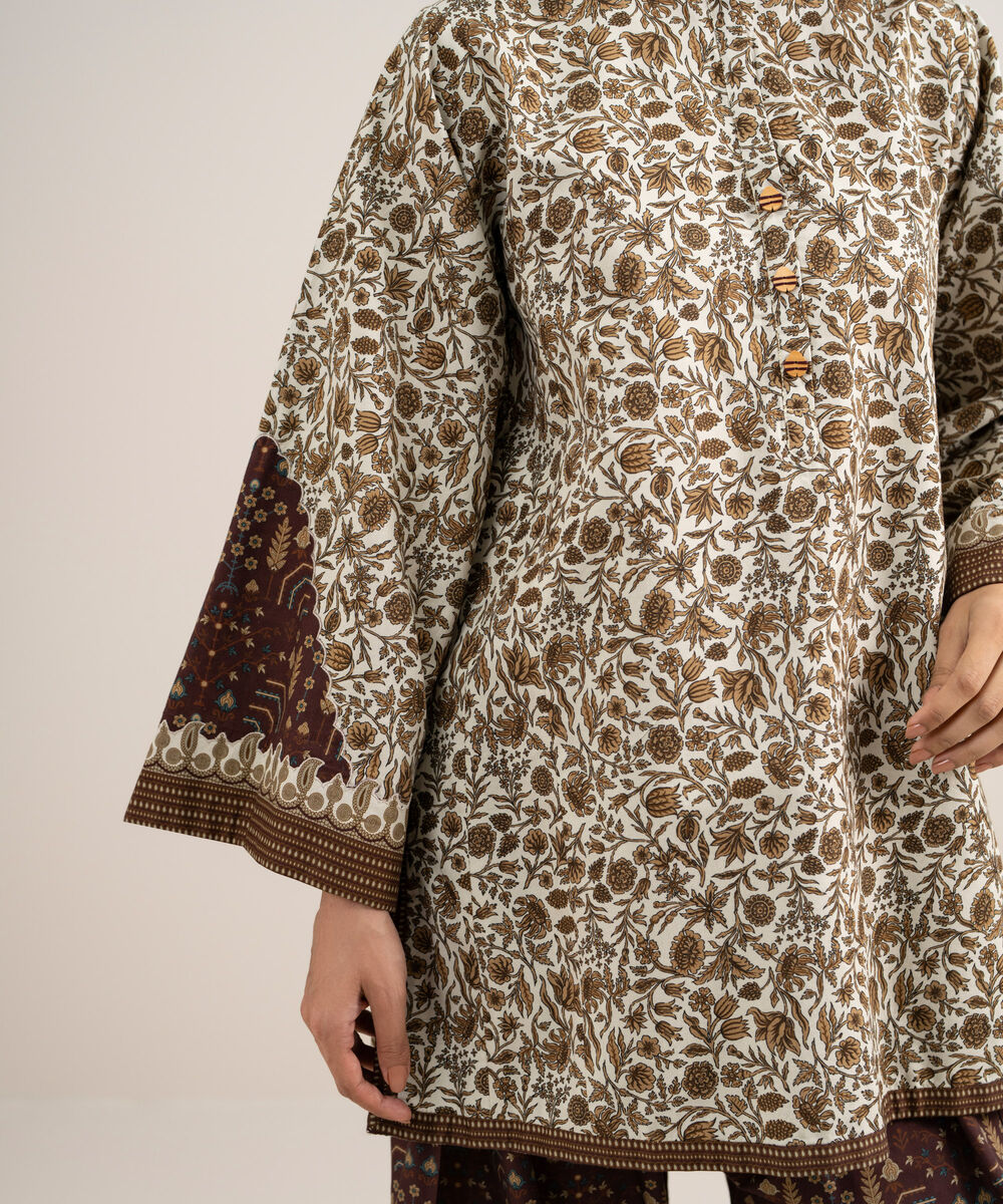 Women's Unstitched Cotton Printed Off White & Multi  2 Piece Suit