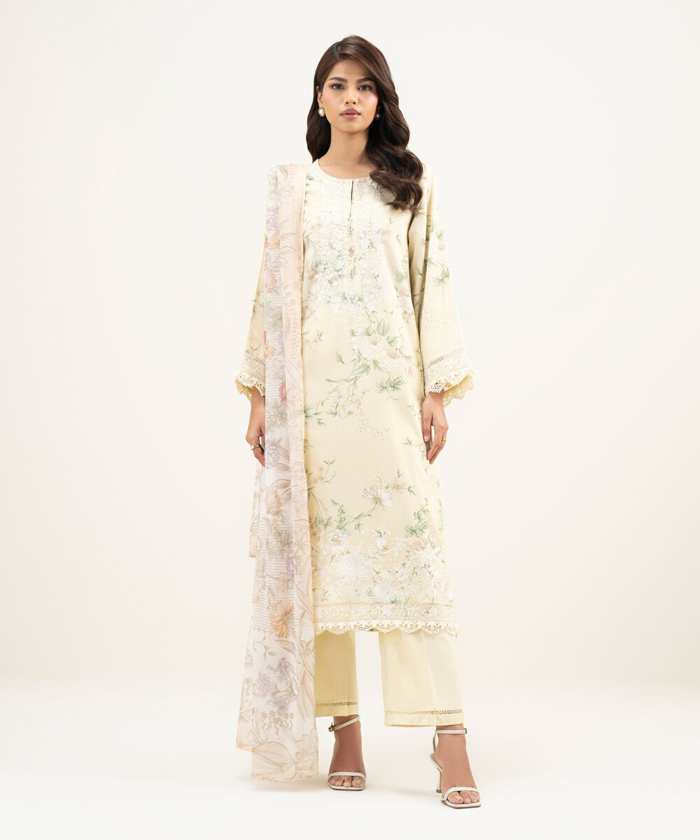 Women's RTW Lawn Embroidered Pale Yellow 3 Piece Suit