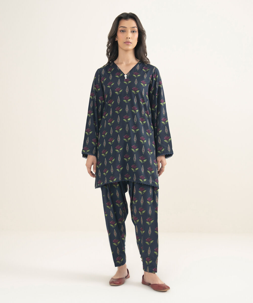 Women's RTW Arabic Lawn Printed Blue Straight Shirt