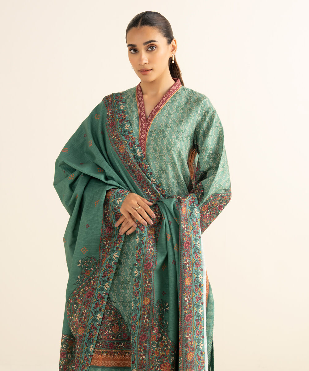 Women's Unstitched Cotton Printed Green 3 Piece Suit