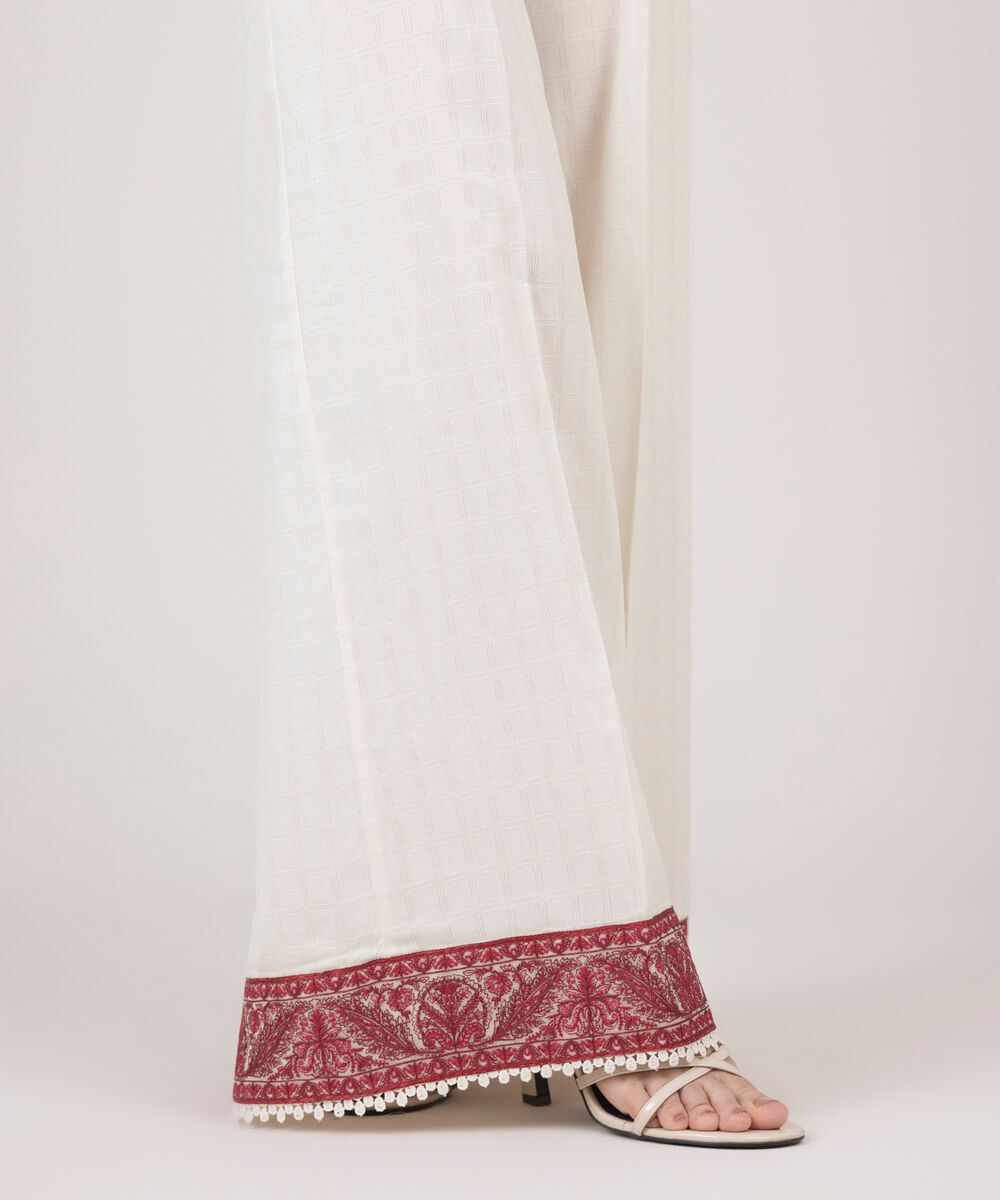 Women's RTW Textured Cotton Off White Embroidered Flared Pants