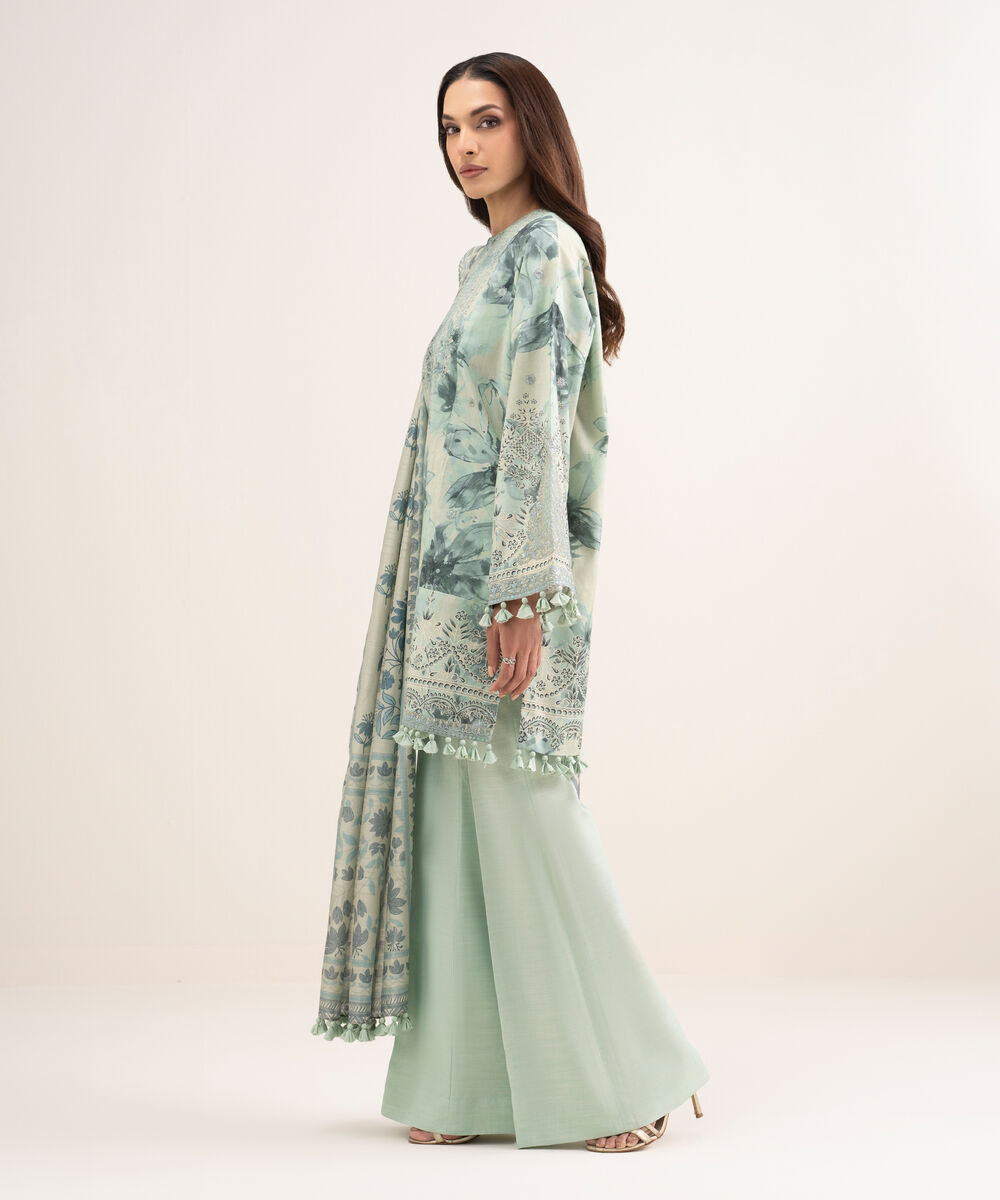 Women's Unstitched Raw Silk Embroidered Green 3 Piece Suit