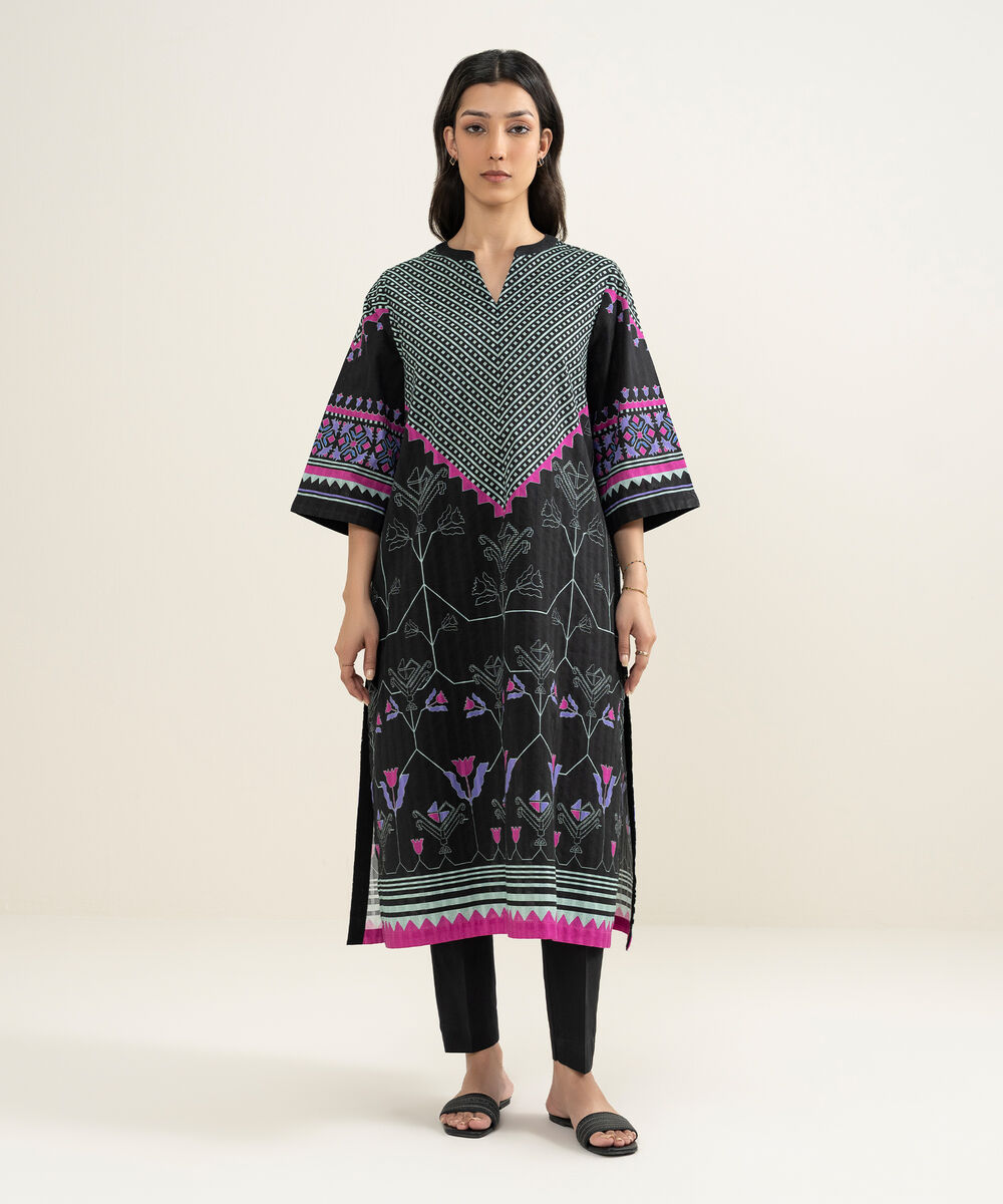 Women's RTW Textured Cotton Printed Black A-Line Shirt