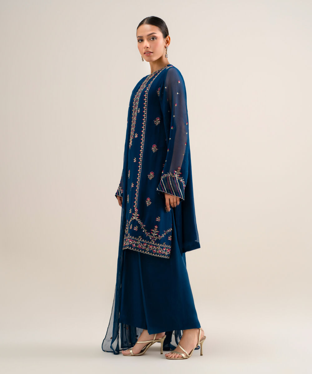 Women's Unstitched Embroidered Blended Chiffon Teal Blue 3 Piece Suit