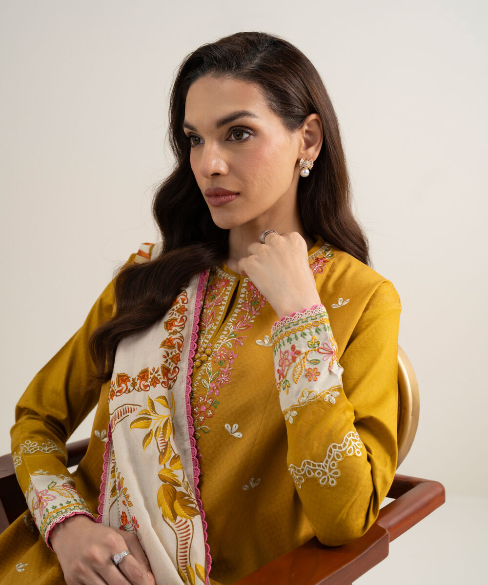 Women's Unstitched Dobby Embroidered Mustard 3 Piece Suit