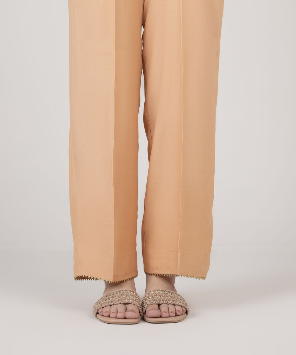 Women's RTW Viscose Raw Silk Solid Orange Straight Pants