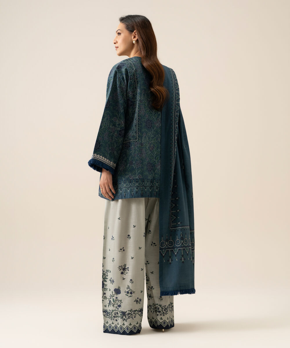 Women's Unstitched Premium Khaddar Printed Blue 3 Piece Suit