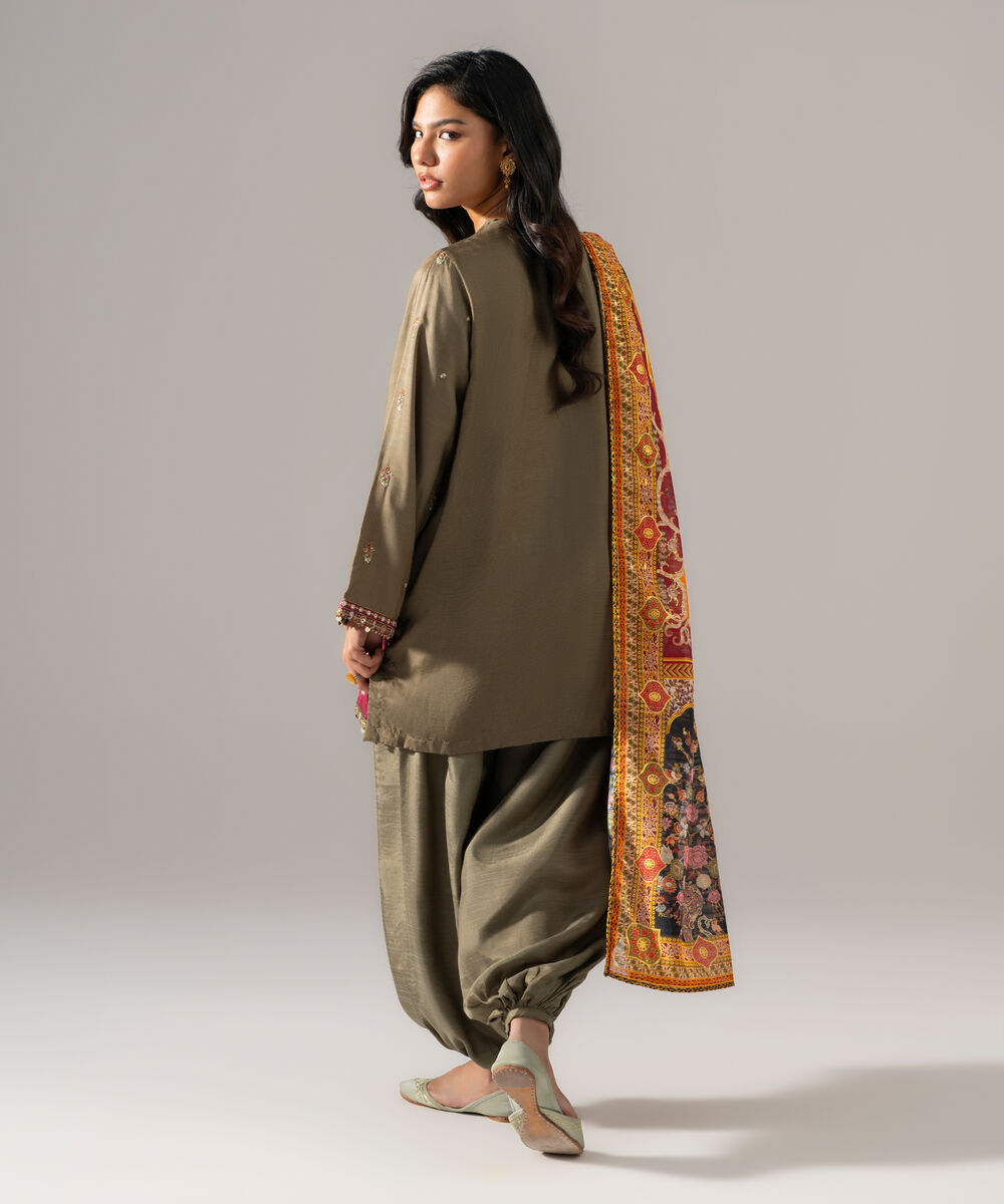 Women's RTW Bright Raw Silk Embroidered Green 3 Piece Suit