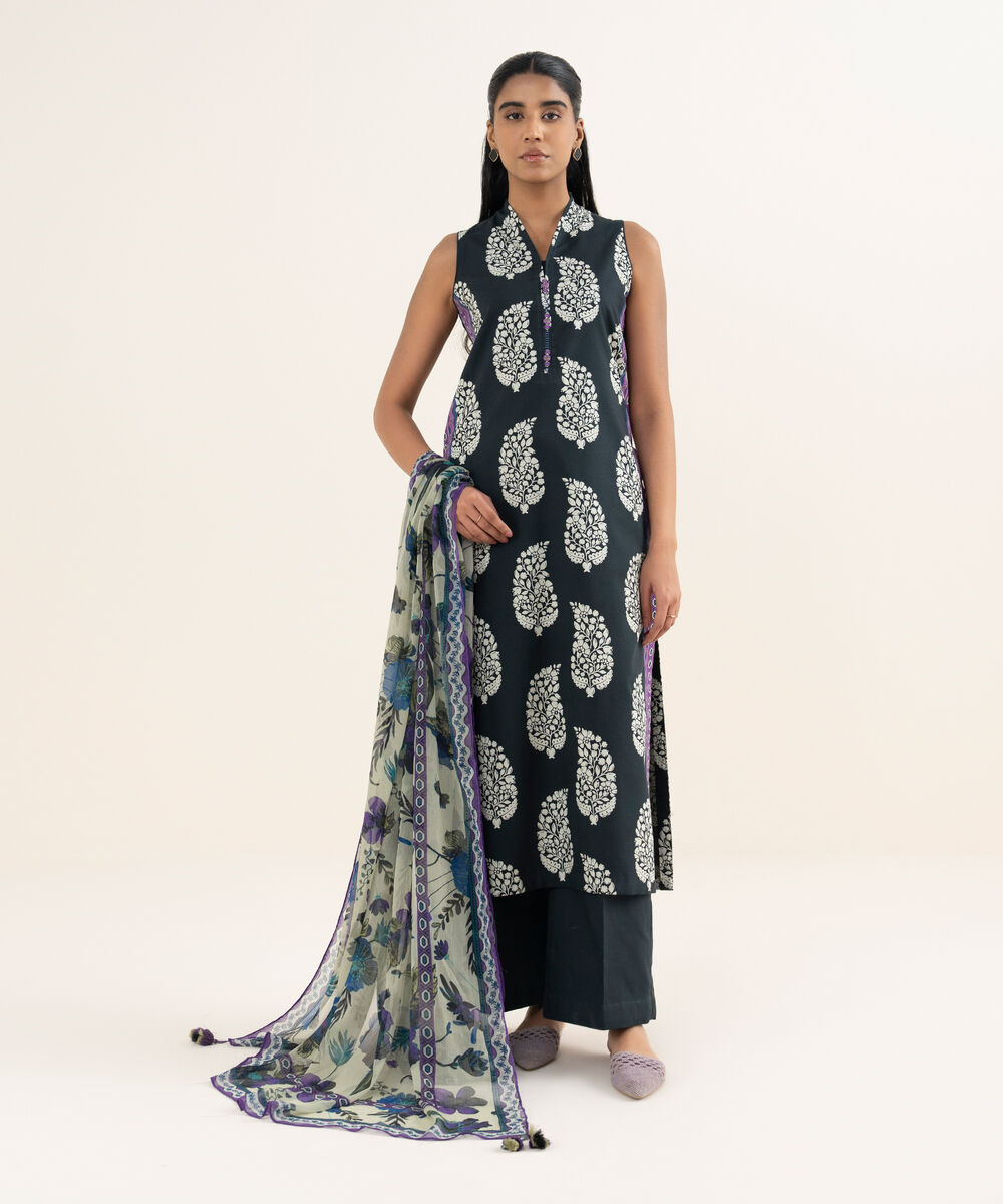 Women's Unstitched Cotton Printed Black 3 Piece Suit