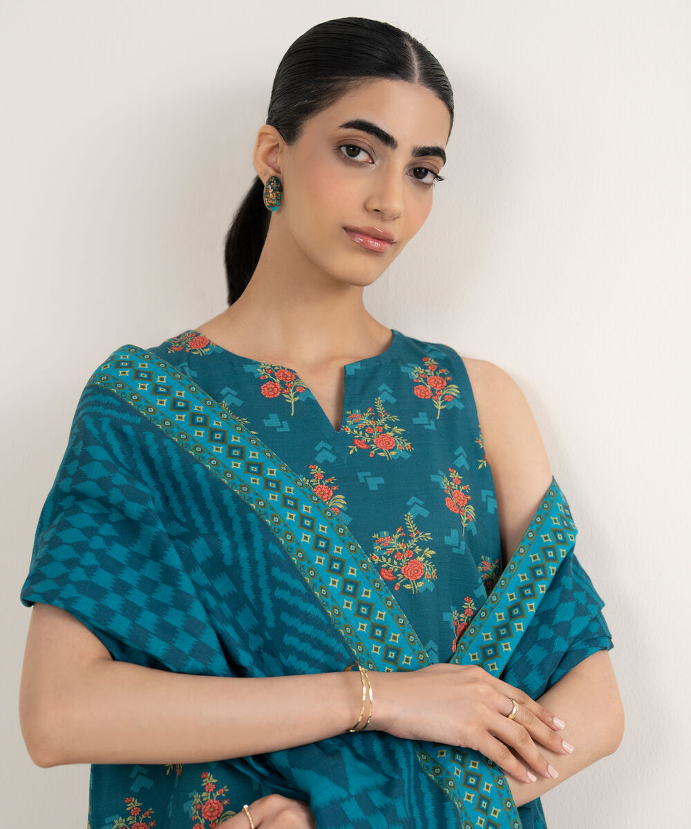Women's Unstitched Printed Khaddar Teal 3 Piece Suit