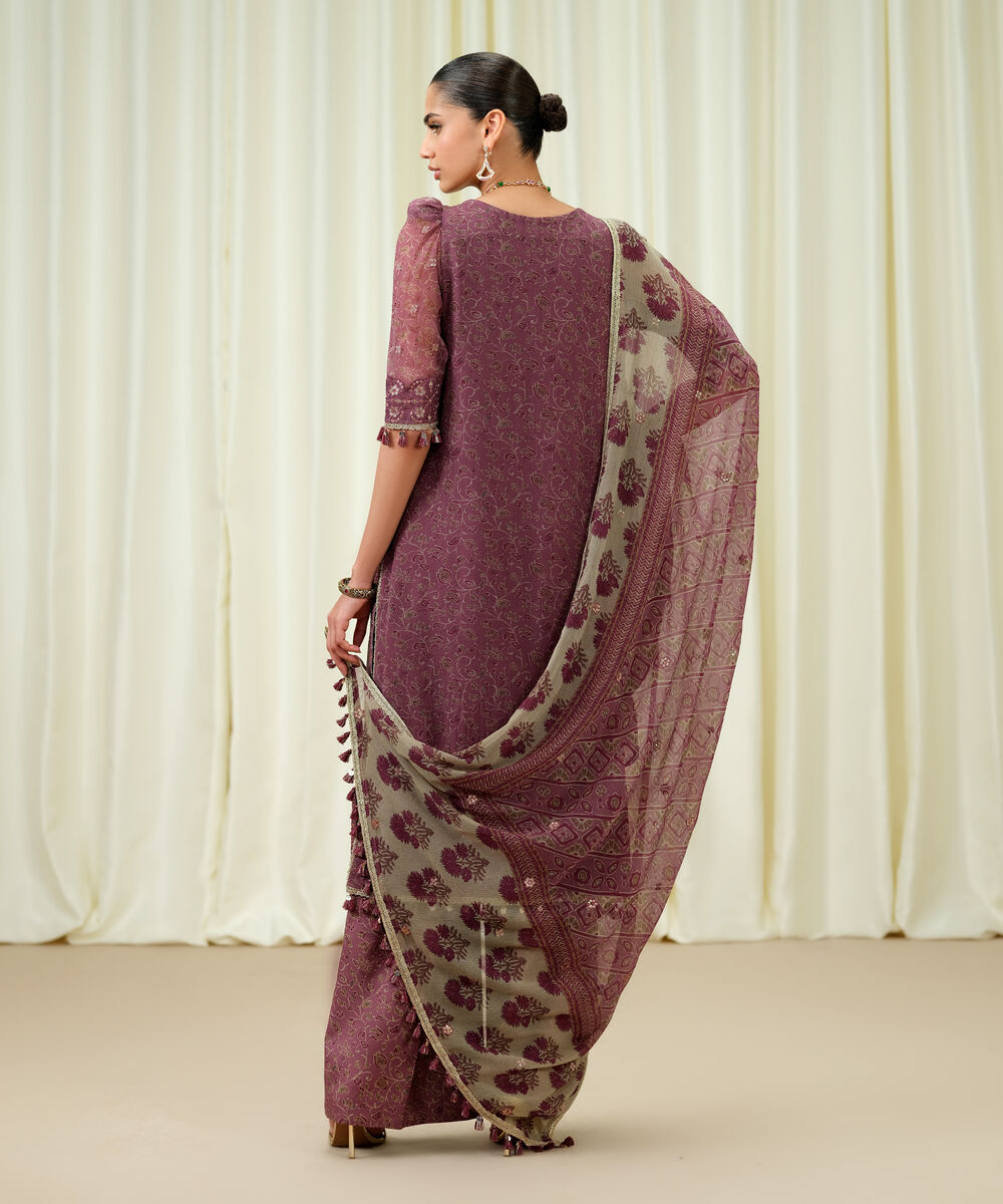 Women's Unstitched Blended Chiffon Embroidered Purple 3 Piece Suit