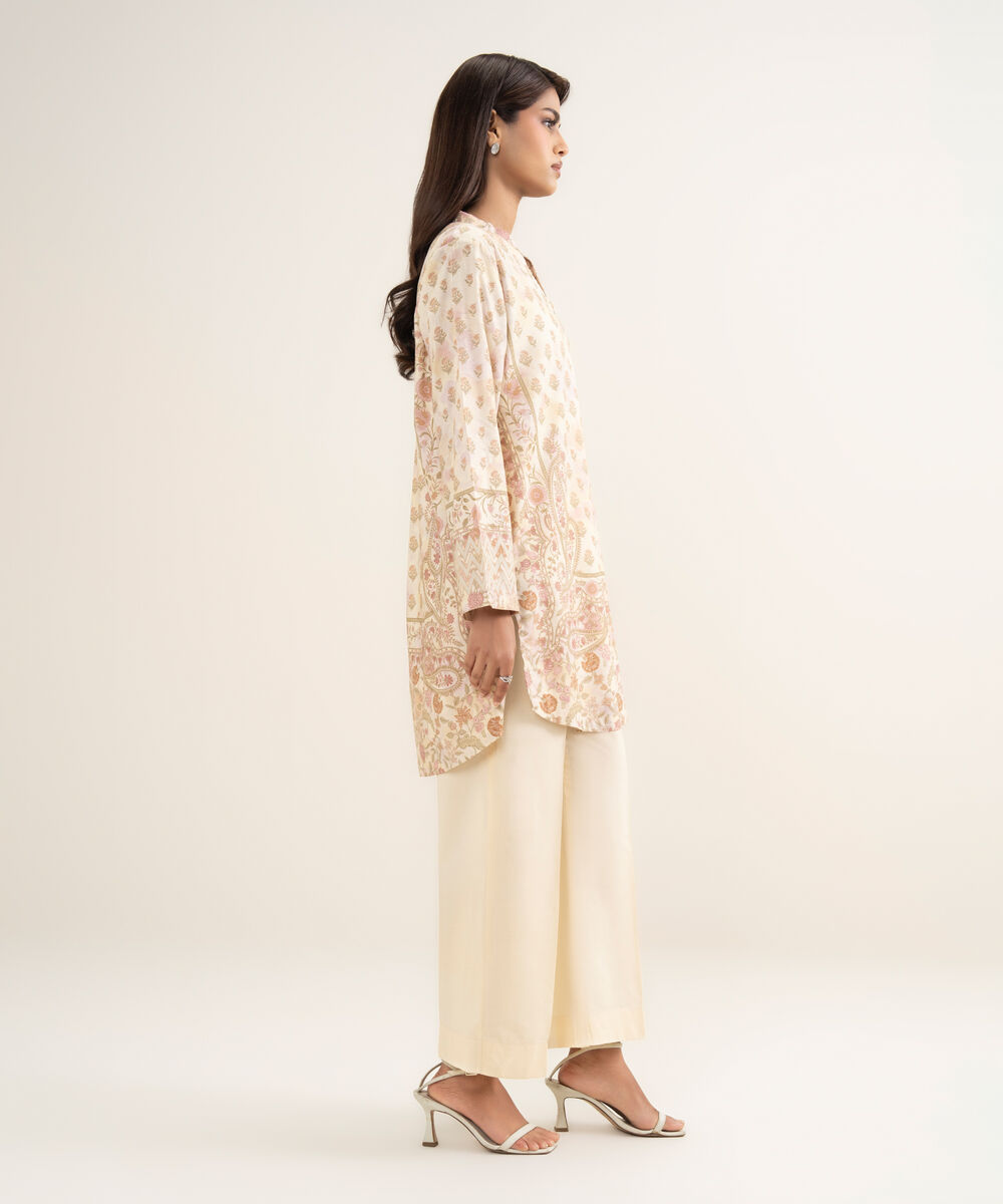 Women's RTW Cotton Viscose Printed Beige Straight Shirt