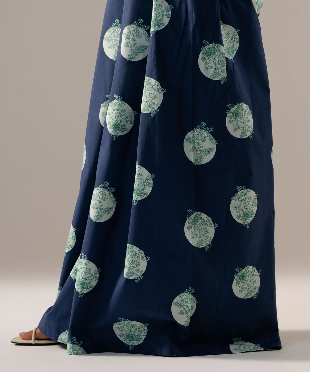 Women's RTW Poplin Printed Dark Blue Flared Pants