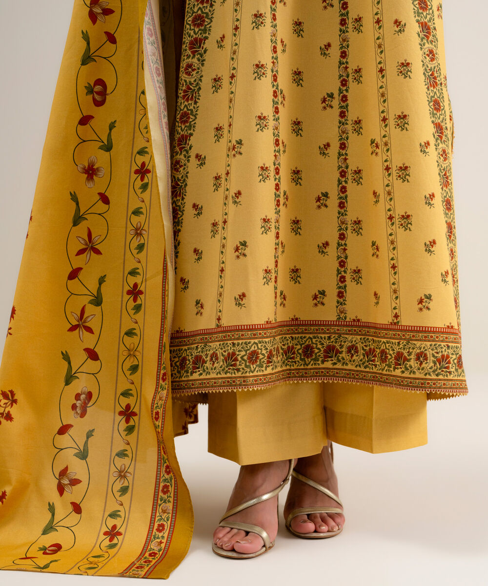 Women's Unstitched Printed Cotton Viscose Lime Yellow 3 Piece Suit
