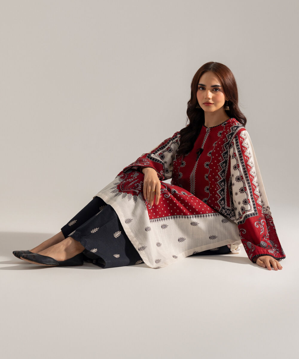 Women's RTW Printed Maroon Khaddar A-Line Shirt
