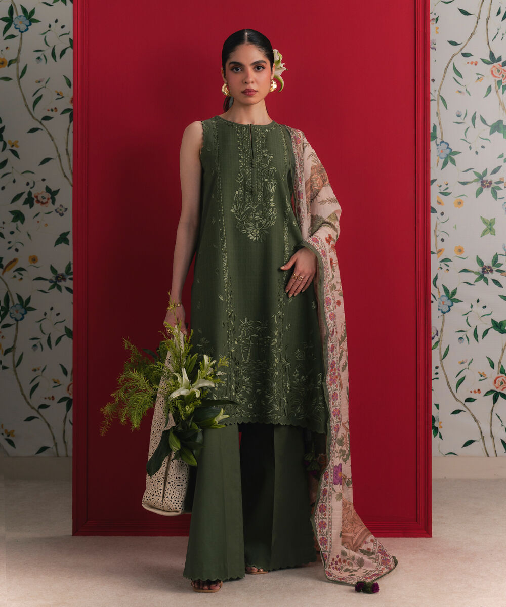 Women's Unstitched Dobby Embroidered Green 3 Piece Suit