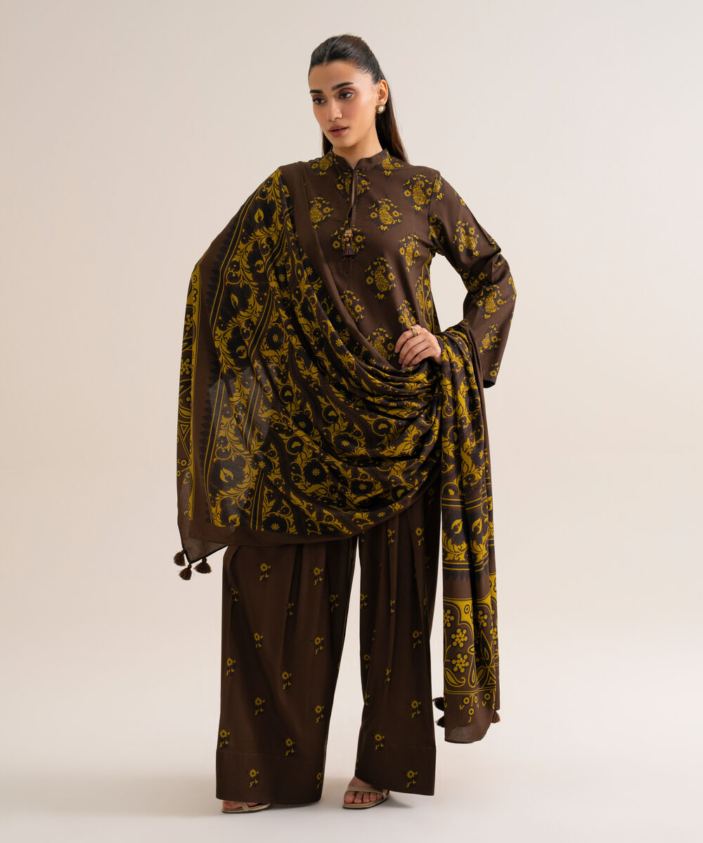 Women's Unstitched Viscose Linen Printed Brown 3 Piece Suit