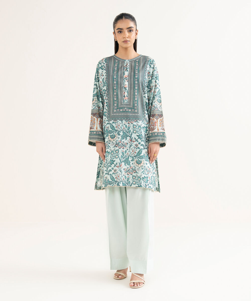 Women's RTW Cambric Printed Drop Shoulder Blue Shirt