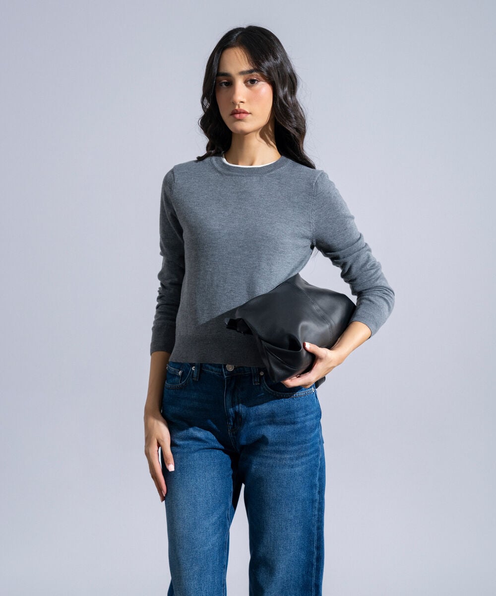 Women's Western Wear Grey Melange Round Neck Knit Sweater