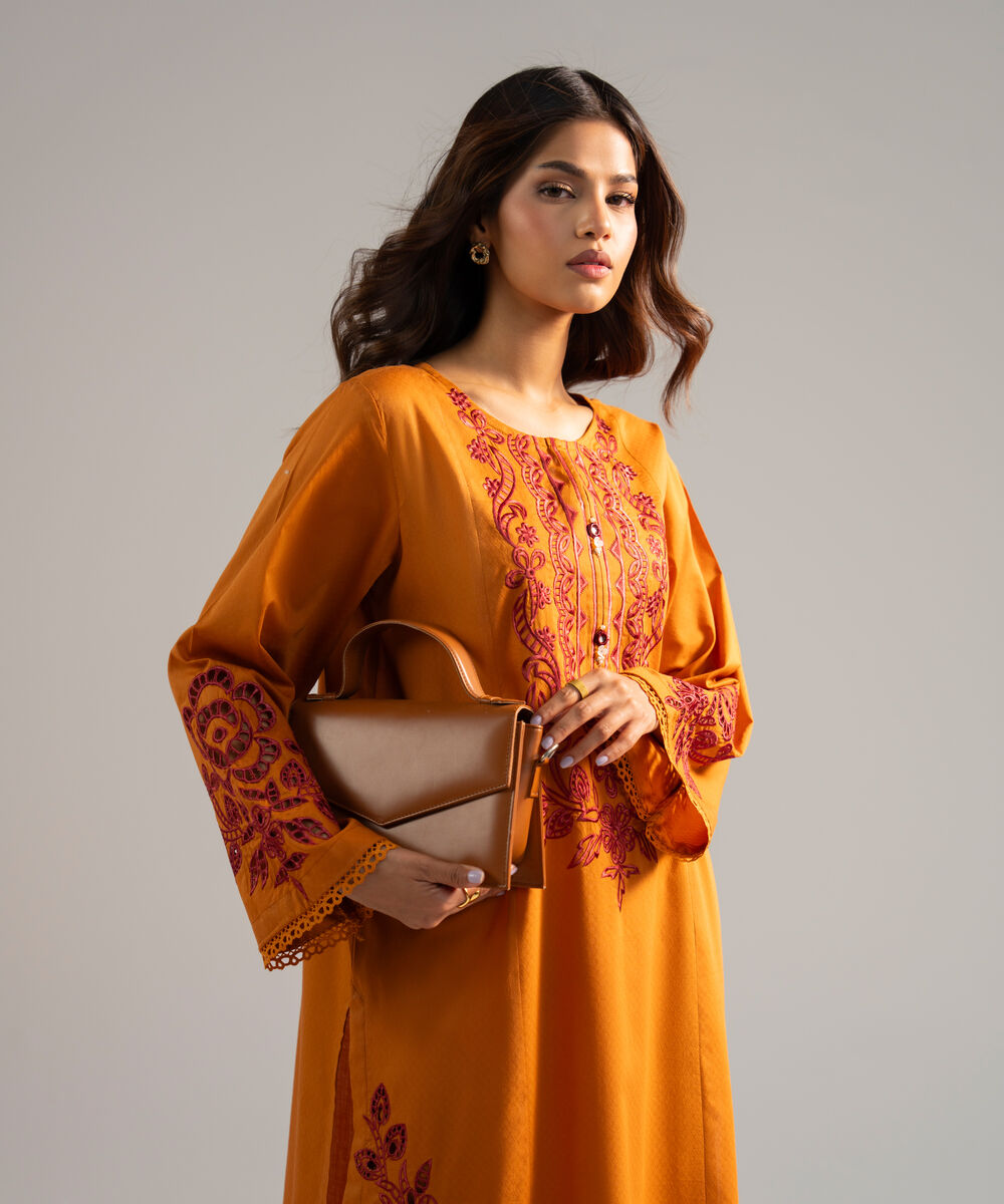 Women's RTW Dobby Embroidered Orange 2 Piece Suit