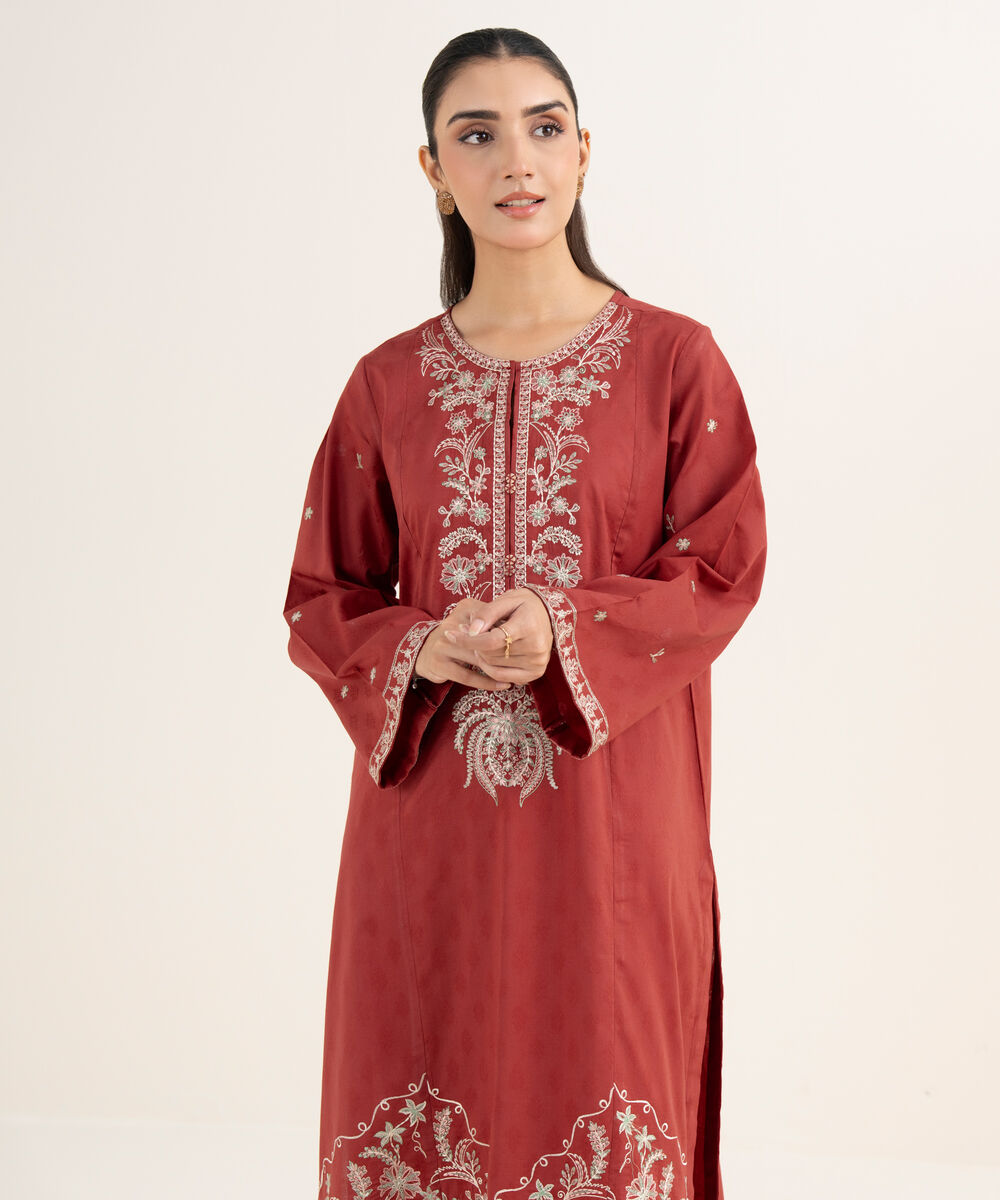 Women's RTW Self Jacquard Leno Embroidered Rust A-Line Shirt