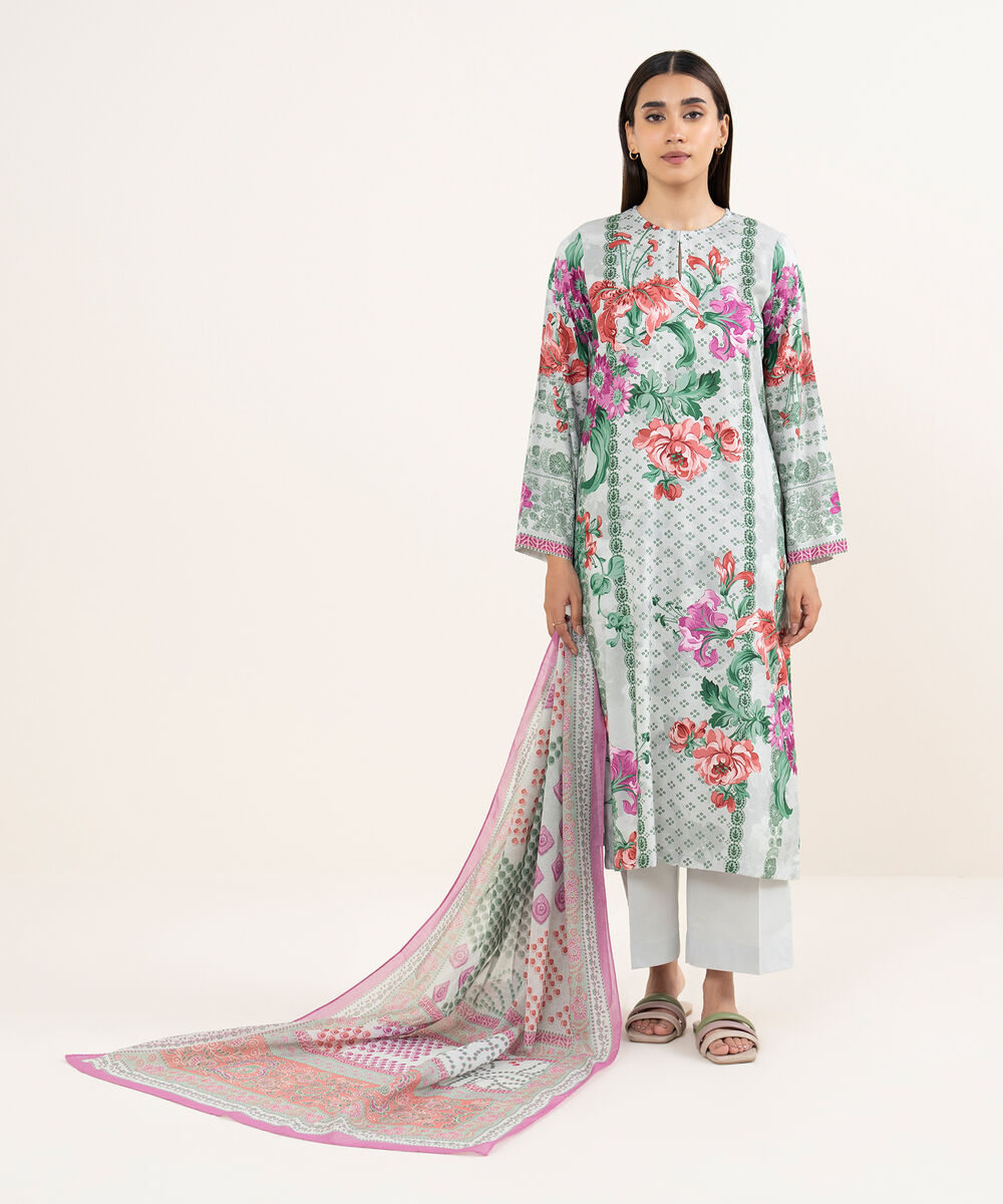 Women's RTW Arabic Lawn Grey Printed Straight Shirt