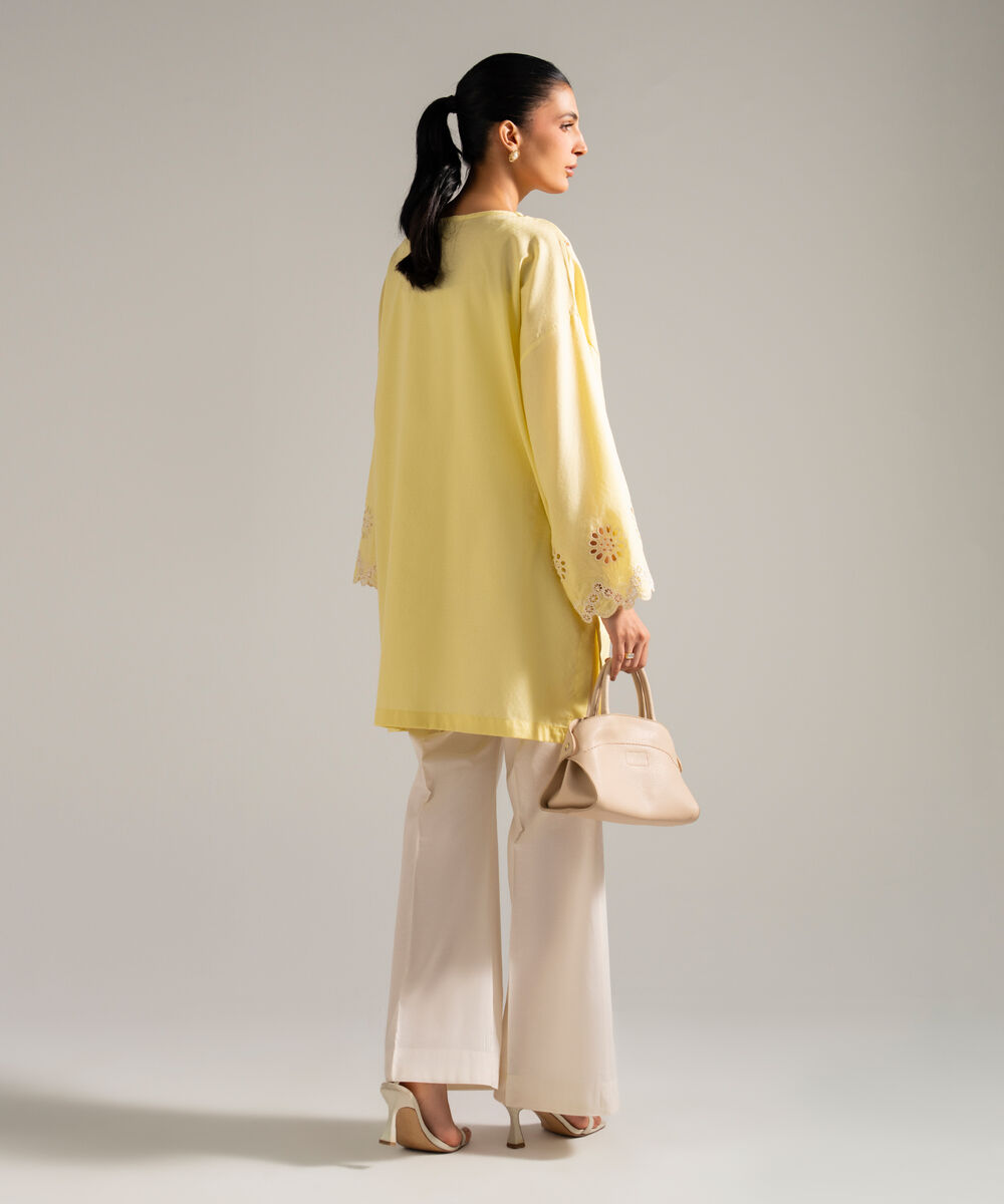 Women's RTW Dobby Embroidered Yellow Drop Shoulder Shirt