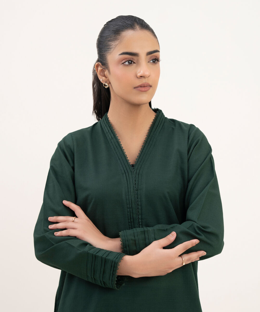 Women's RTW Khaddar Solid A-Line Green Shirt
