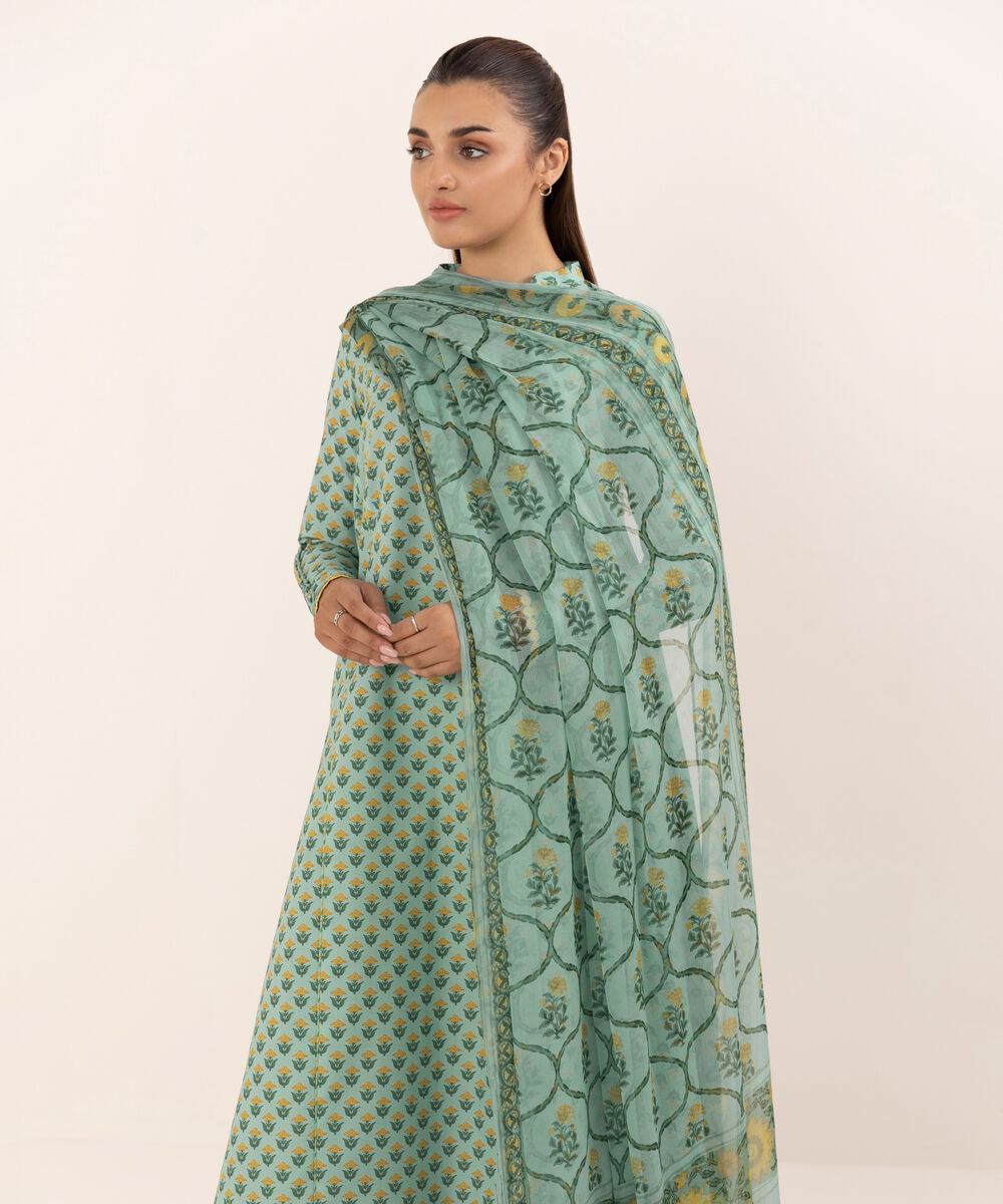 Women's Unstitched Cotton Printed Aqua Three Piece Suit