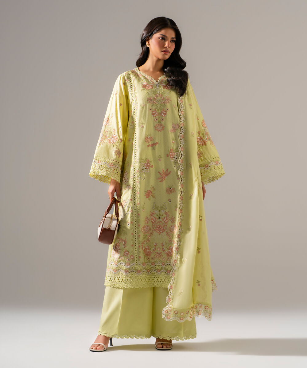 Women's RTW Dobby Solid Embroidered Yellow 3 Piece Suit